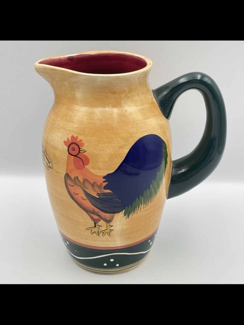 Rooster Ceramic Pitcher in Cream with Green Handle Vintage/Farmhouse